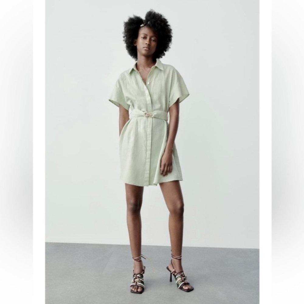Linen belted Zara dress- light green